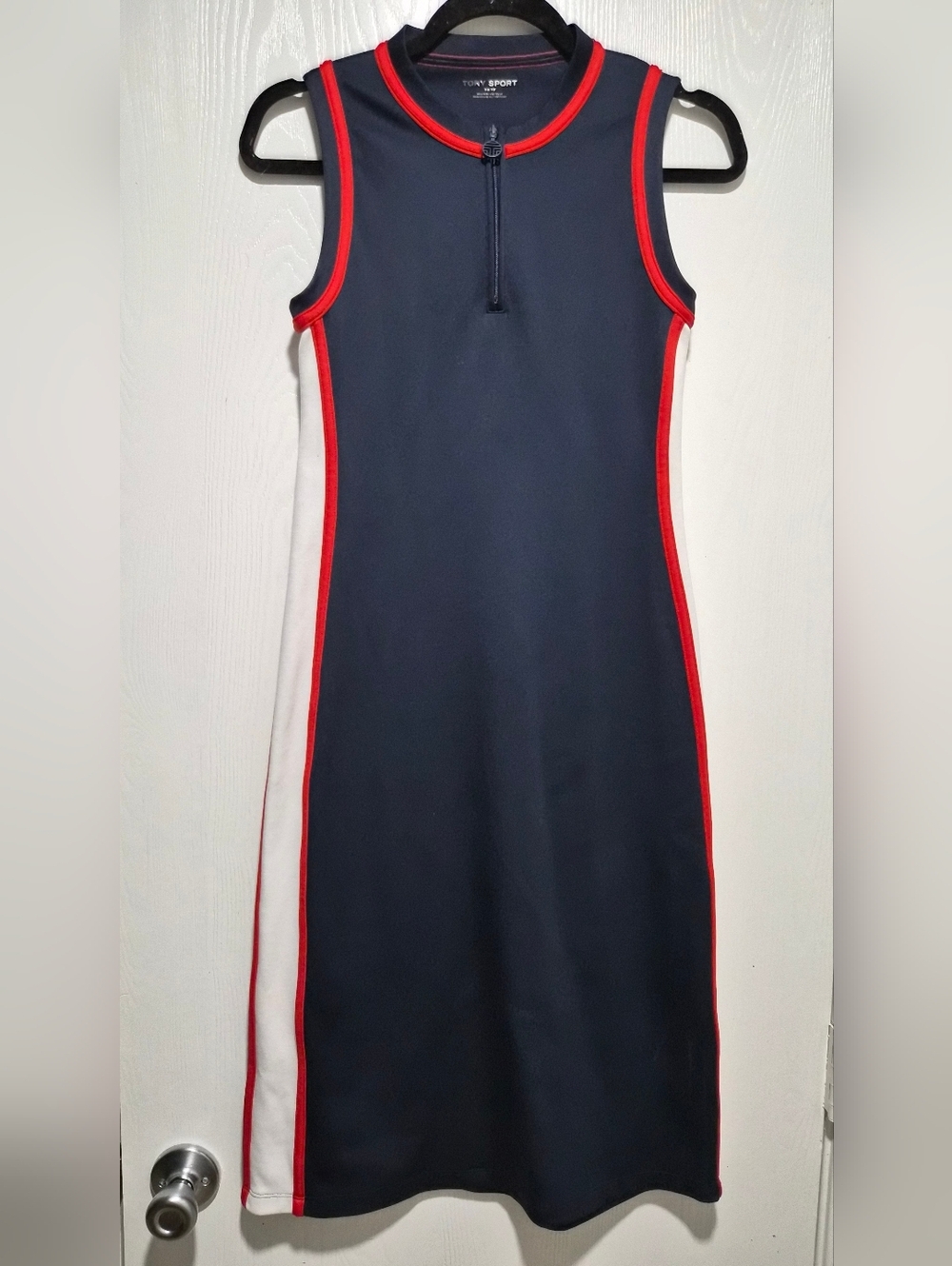 Tory Burch Sport Sleeveless Track Midi Navy & Red Tennis Quarter Zip Dress Sz XS - Picture 3 of 8